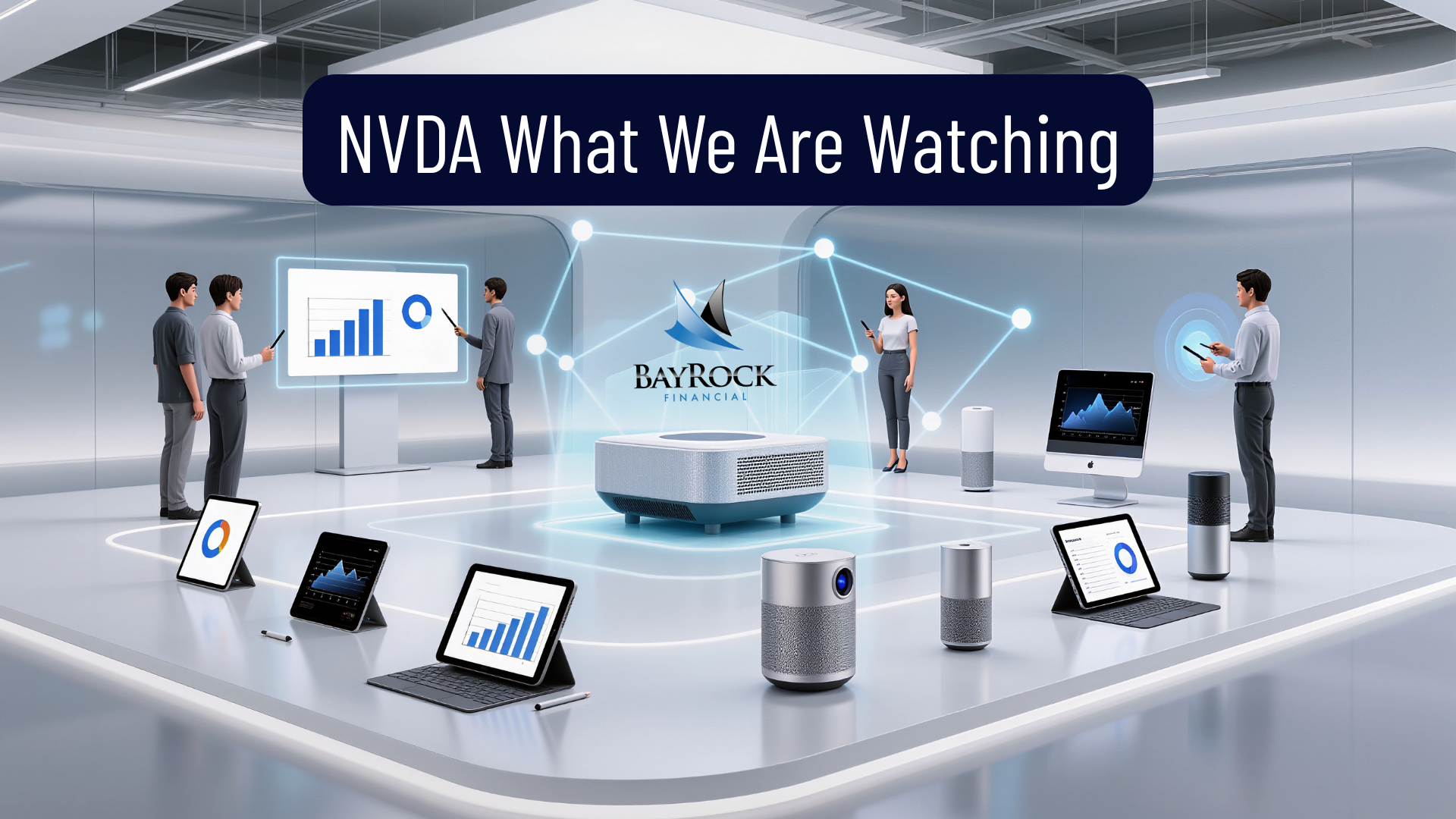 A modern digital office with people using laptops, tablets, and large screens displaying charts and graphics. The text NVDA What We Are Watching and Bayrock Financial is visible in the scene.