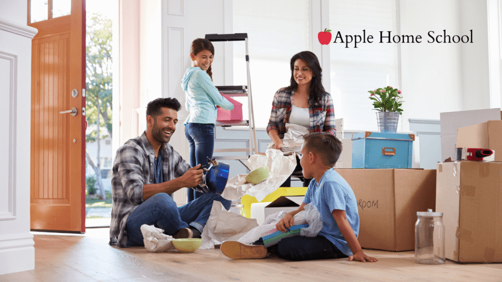 A smiling family of four unpacks boxes in a bright home. A young girl stands by a step ladder, while a man, woman, and boy sit on the floor, surrounded by moving supplies. Apple Home School logo is in the corner.