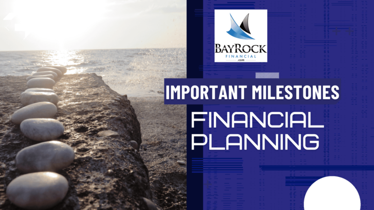 A row of smooth stones leads toward the sea at sunset. The image features the BayRock Financial logo and the text: Important Milestones Financial Planning on a blue background.